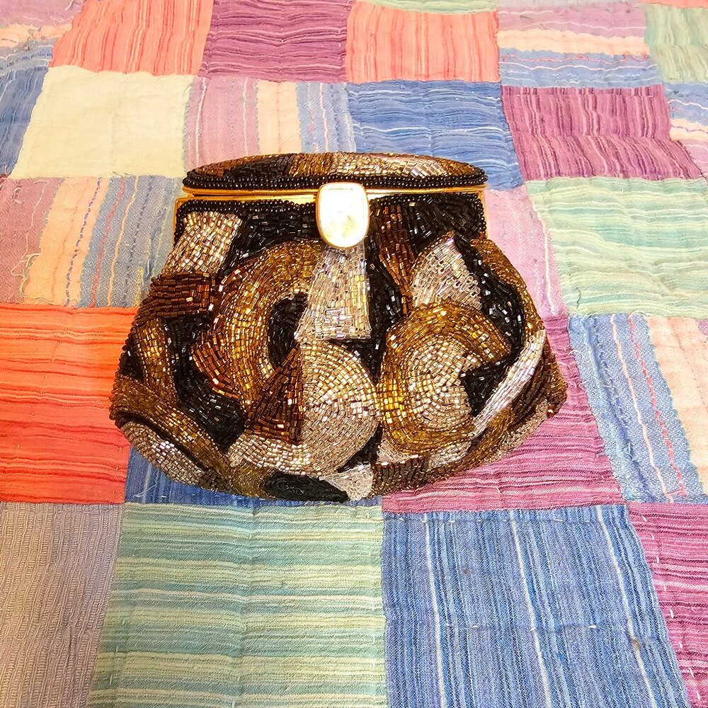Vintage ADG Beaded Purse, Black, Silver and Gold & Copper